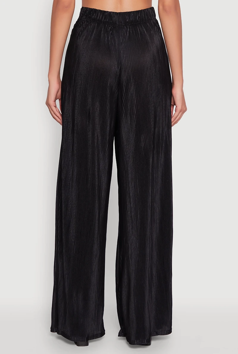 Womens Stylish Plisse High Waisted Palazzo Pants with Twist Front Waist, Black, Size S