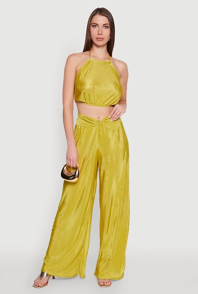 Womens Stylish Plisse High Waisted Palazzo Pants with Twist Front Waist, Green, Size S