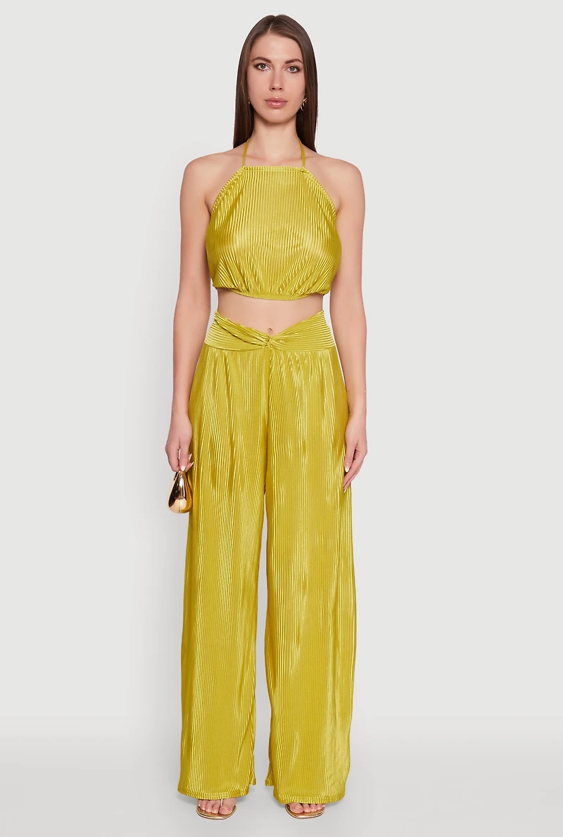 Womens Stylish Plisse High Waisted Palazzo Pants with Twist Front Waist, Green, Size S