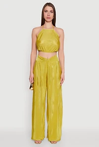 Womens Stylish Plisse High Waisted Palazzo Pants with Twist Front Waist, Green, Size S