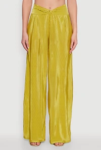 Womens Stylish Plisse High Waisted Palazzo Pants with Twist Front Waist, Green, Size S