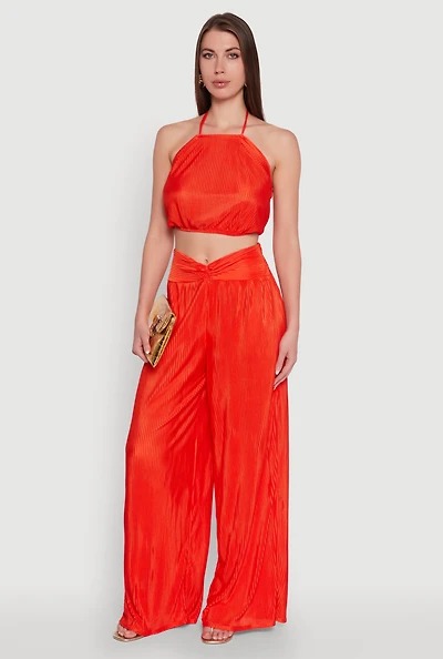 Womens Stylish Plisse High Waisted Palazzo Pants with Twist Front Waist, Orange, Size L