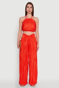 Womens Stylish Plisse High Waisted Palazzo Pants with Twist Front Waist, Orange, Size L