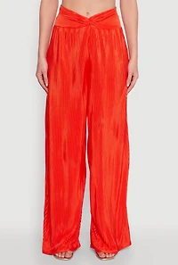 Womens Stylish Plisse High Waisted Palazzo Pants with Twist Front Waist, Orange, Size L