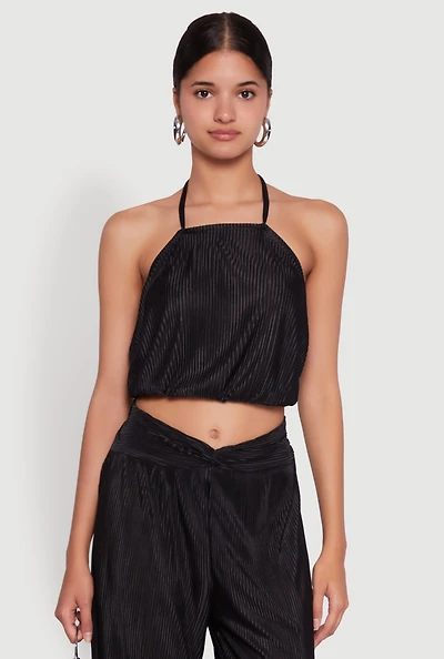 Womens Stylish Halter Top Cropped Hem and Plisse Fabric,