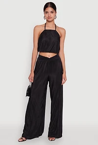Womens Stylish Halter Top Cropped Hem and Plisse Fabric, Black,