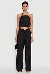 Womens Stylish Halter Top Cropped Hem and Plisse Fabric, Black,