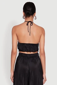 Womens Stylish Halter Top Cropped Hem and Plisse Fabric, Black,