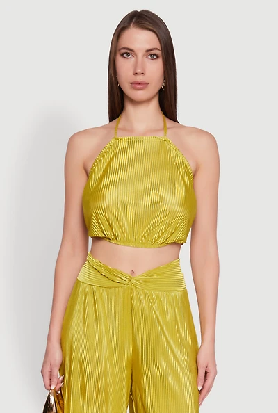 Womens Stylish Halter Top Cropped Hem and Plisse Fabric,