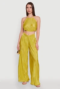 Womens Stylish Halter Top in Cropped Hem and Plisse Fabric, Green, Size L