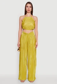 Womens Stylish Halter Top in Cropped Hem and Plisse Fabric, Green, Size L