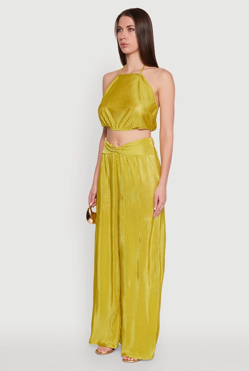 Womens Stylish Halter Top in Cropped Hem and Plisse Fabric, Green, Size L