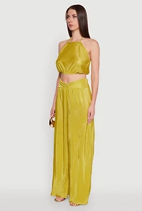Womens Stylish Halter Top in Cropped Hem and Plisse Fabric, Green, Size L