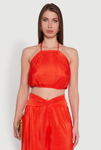 Womens Stylish Halter Top in Cropped Hem and Plisse Fabric, Orange, Size M