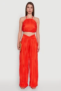 Womens Stylish Halter Top Cropped Hem and Plisse Fabric, Orange,