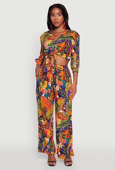 Trendy High Waisted Floral Wide Leg Pants