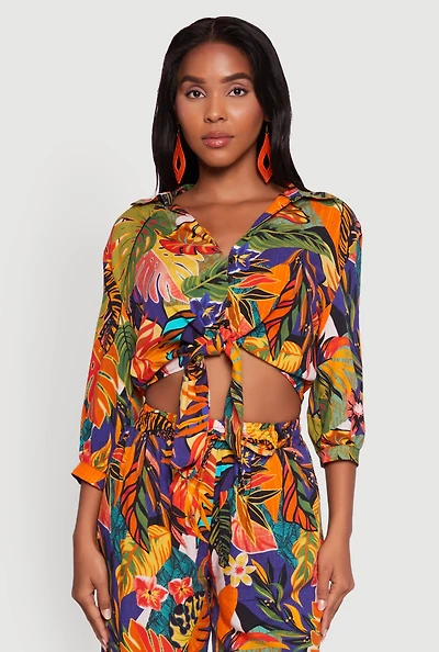 Womens Floral Print Button Front Blouse, Multi, Size L
