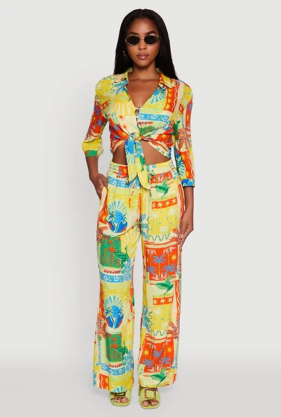 Womens Printed Patterned High Waist Palazzo Pants, Multi, Size M