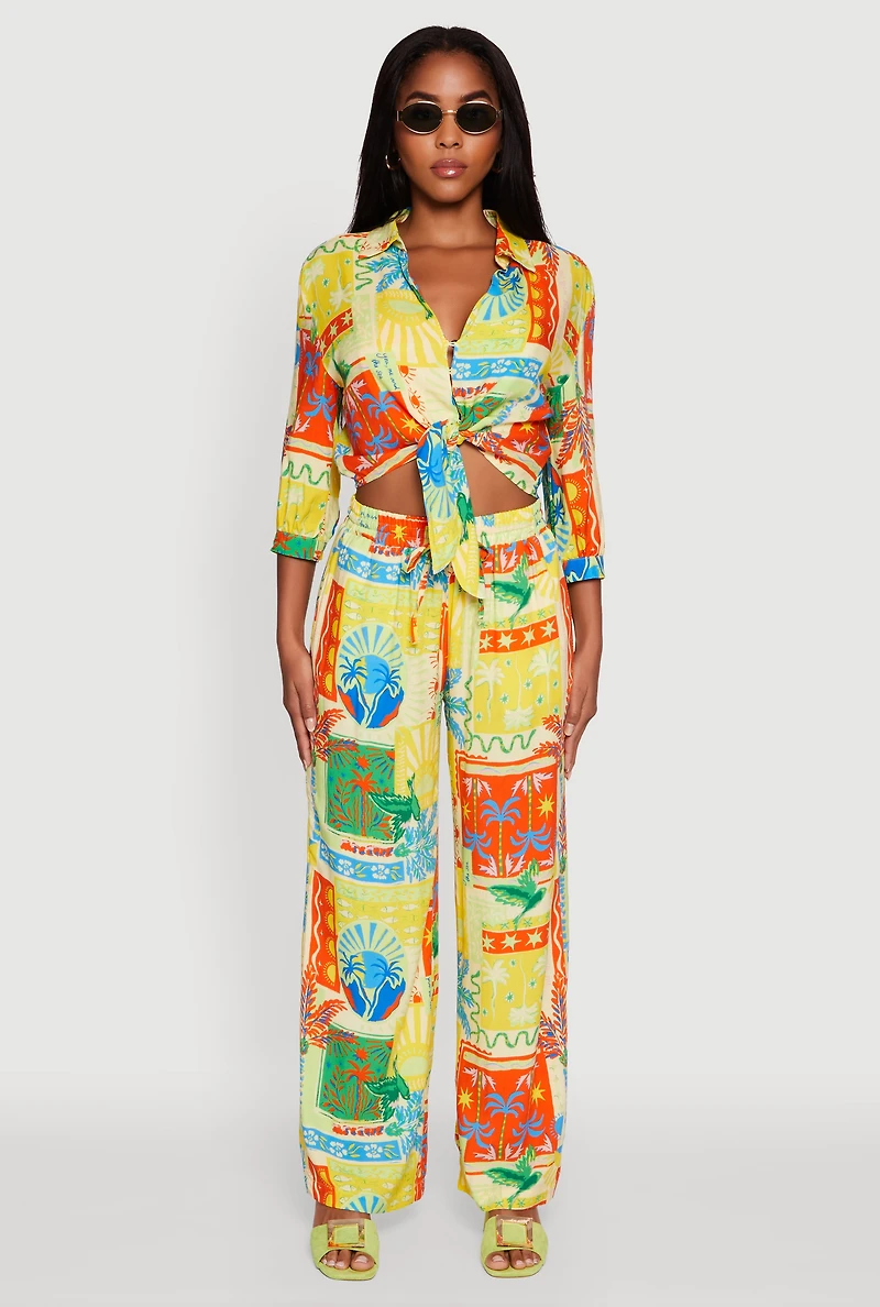 Womens Printed Patterned High Waist Palazzo Pants, Multi, Size M