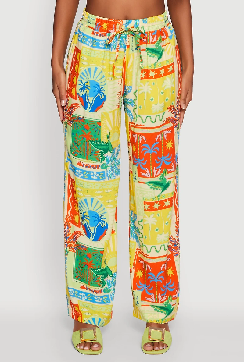 Womens Printed Patterned High Waist Palazzo Pants, Multi, Size M