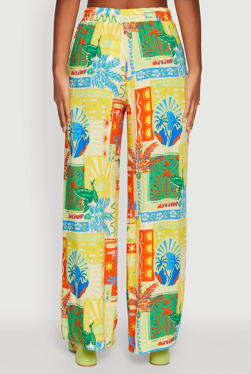 Womens Printed Patterned High Waist Palazzo Pants, Multi, Size M