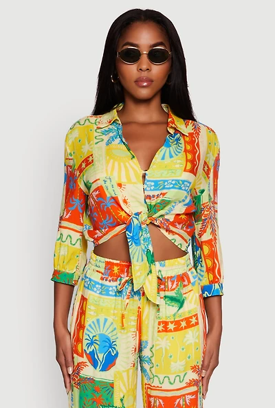 Womens Printed Pattern Tie Front Crop Button Blouse, Multi,