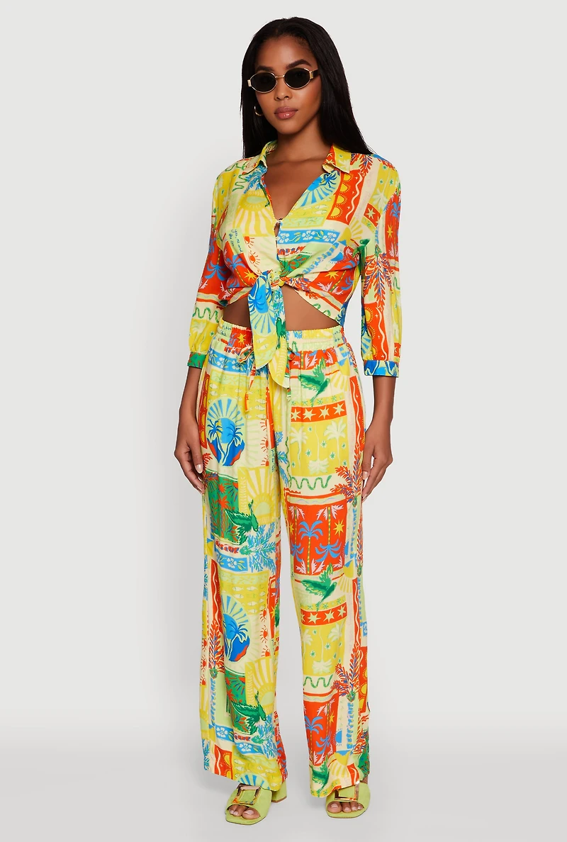 Womens Printed Pattern Tie Front Crop Button Front Blouse, Multi, Size S