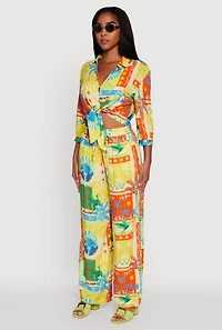 Womens Printed Pattern Tie Front Crop Button Front Blouse, Multi, Size S