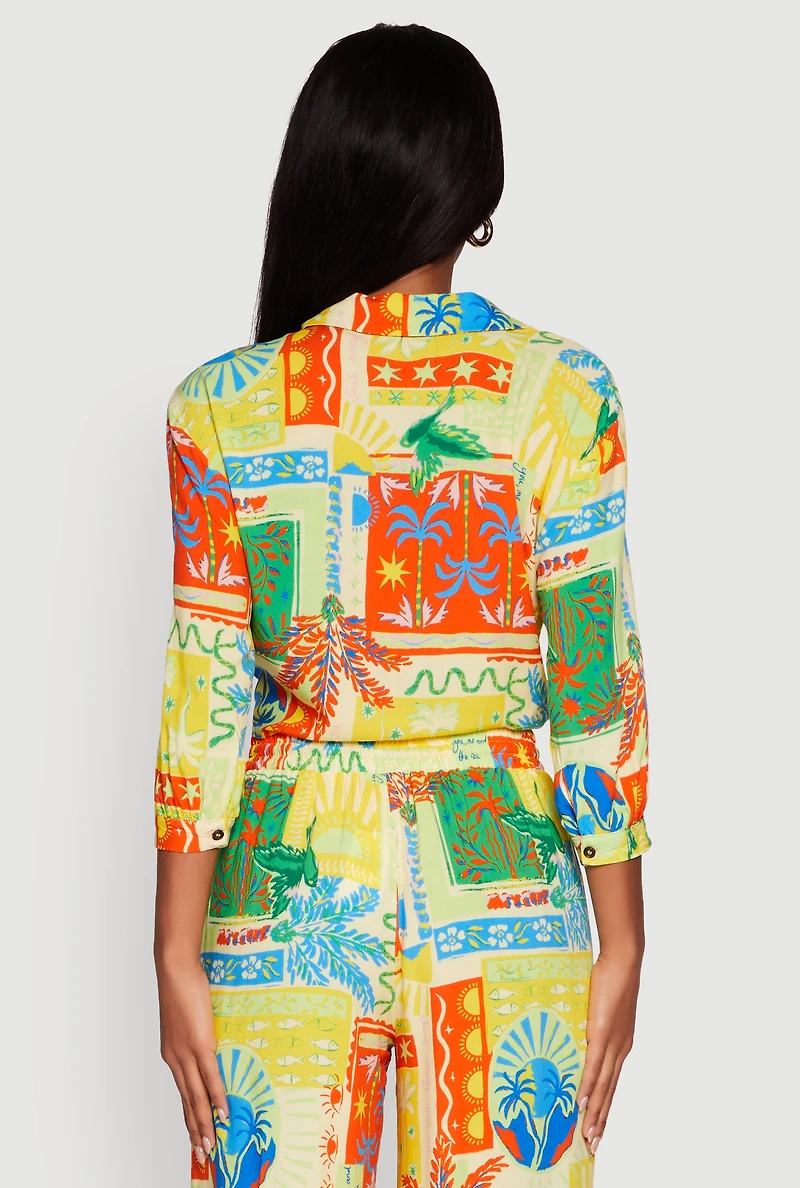 Womens Printed Pattern Tie Front Crop Button Front Blouse, Multi, Size S