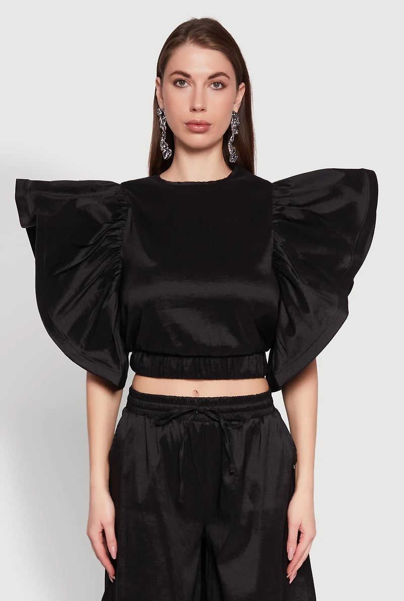 Womens Flutter Sleeve Crop Top, Black, Size M