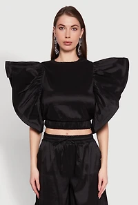 Womens Flutter Sleeve Crop Top, Black, Size M