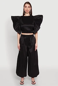 Womens Flutter Sleeve Crop Top, Black, Size M