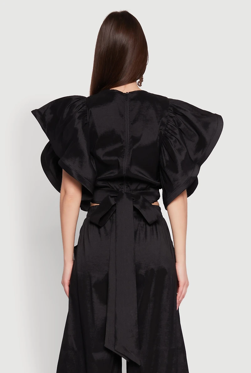 Womens Flutter Sleeve Crop Top, Black, Size M
