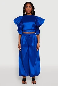 Womens Flutter Sleeve Crop Top, Blue, Size S