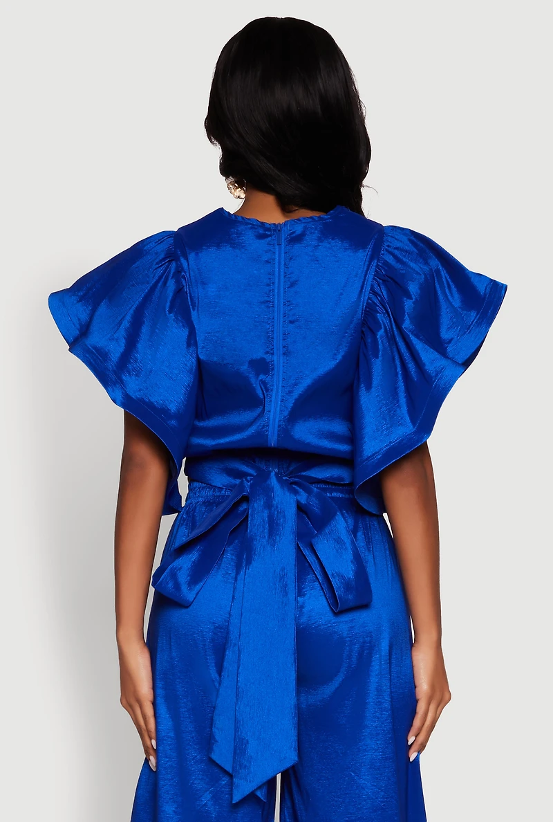 Womens Flutter Sleeve Crop Top, Blue, Size S