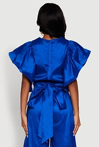 Womens Flutter Sleeve Crop Top, Blue, Size S