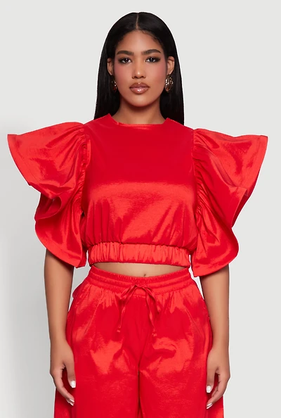 Womens Flutter Sleeve Crop Top, Red, Size M