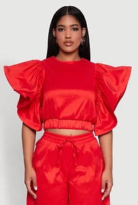 Womens Flutter Sleeve Crop Top, Red, Size M
