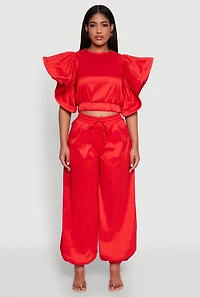 Womens Flutter Sleeve Crop Top, Red, Size M