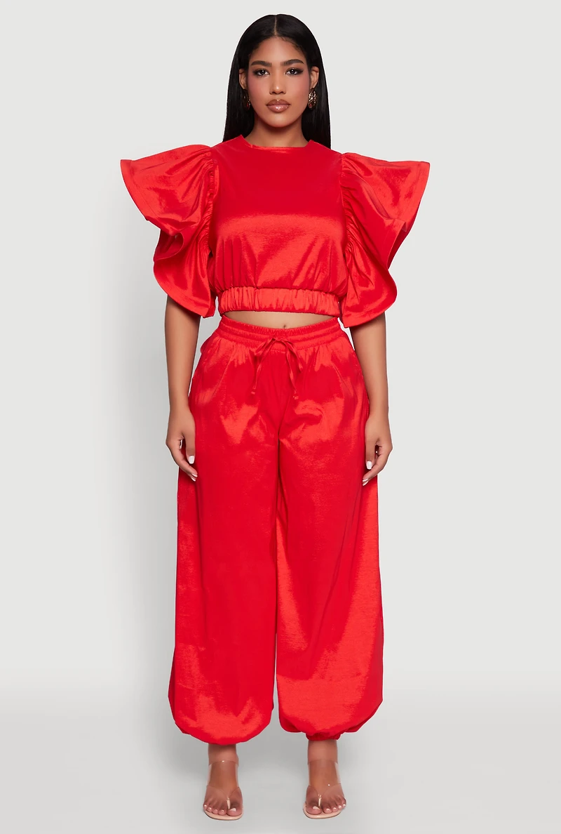 Womens Flutter Sleeve Crop Top, Red, Size L