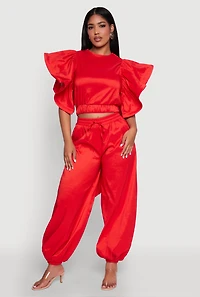 Womens Flutter Sleeve Crop Top, Red, Size M