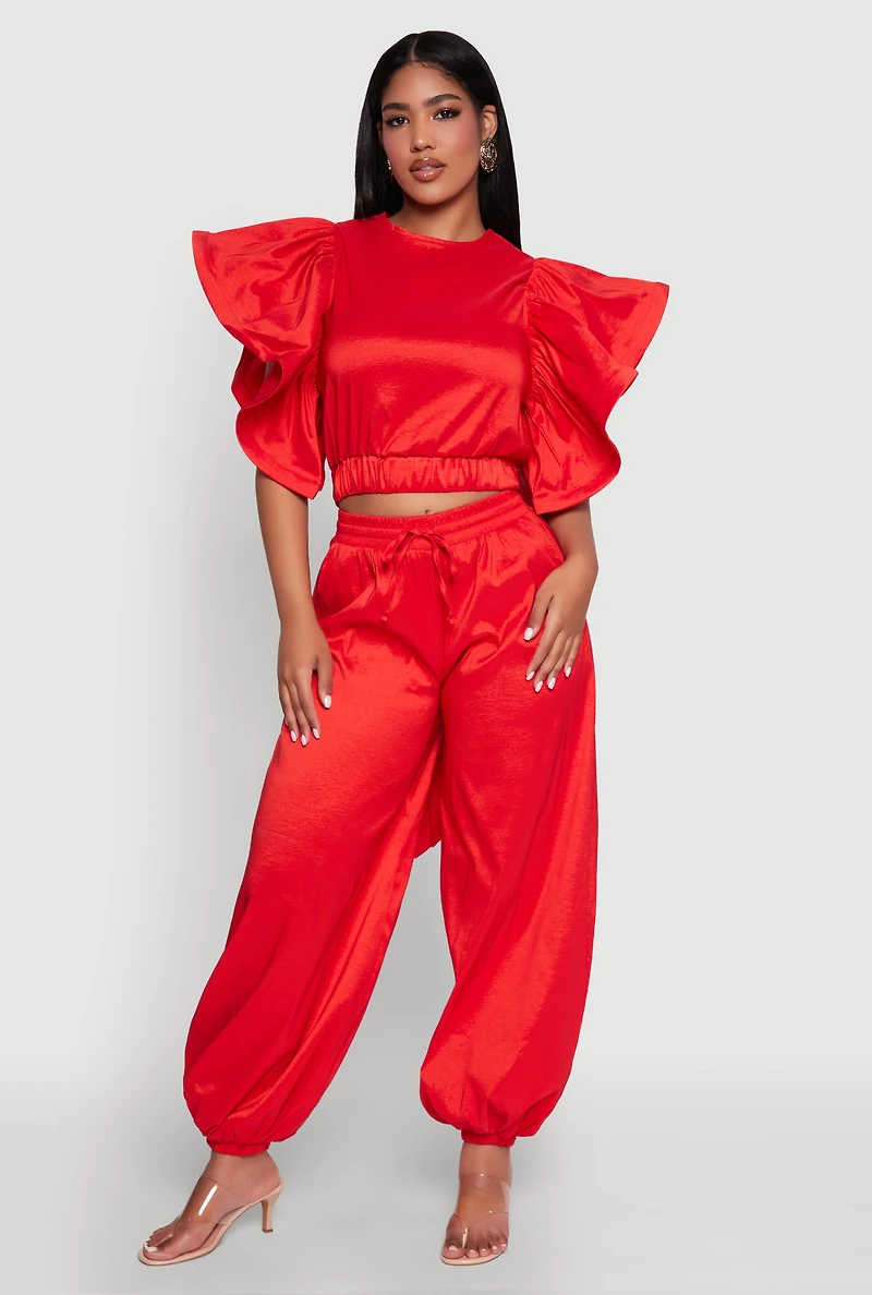 Womens Flutter Sleeve Crop Top, Red, Size L