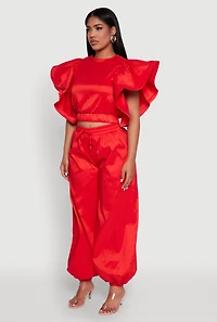 Womens Flutter Sleeve Crop Top, Red, Size M