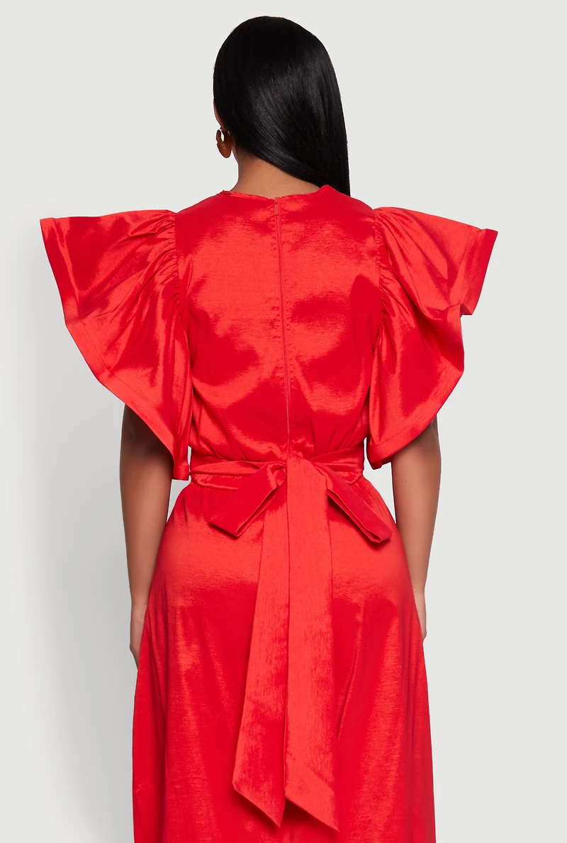 Womens Flutter Sleeve Crop Top, Red, Size L