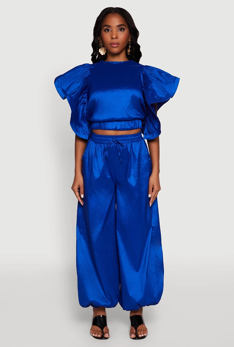 Womens High Waist Balloon Pants, Blue, Size S