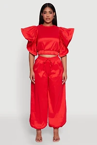 Womens High Waist Balloon Pants, Red, Size S