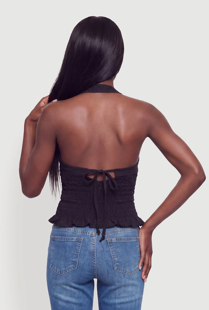 Smocked Waist Tie Back Keyhole Detail Halter Top