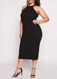 Plus Ribbed Knit Halter Neck Midi Dress