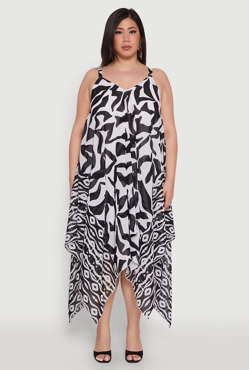 Womens Plus Border Print Sharkbite Hem Maxi Dress, Multi,