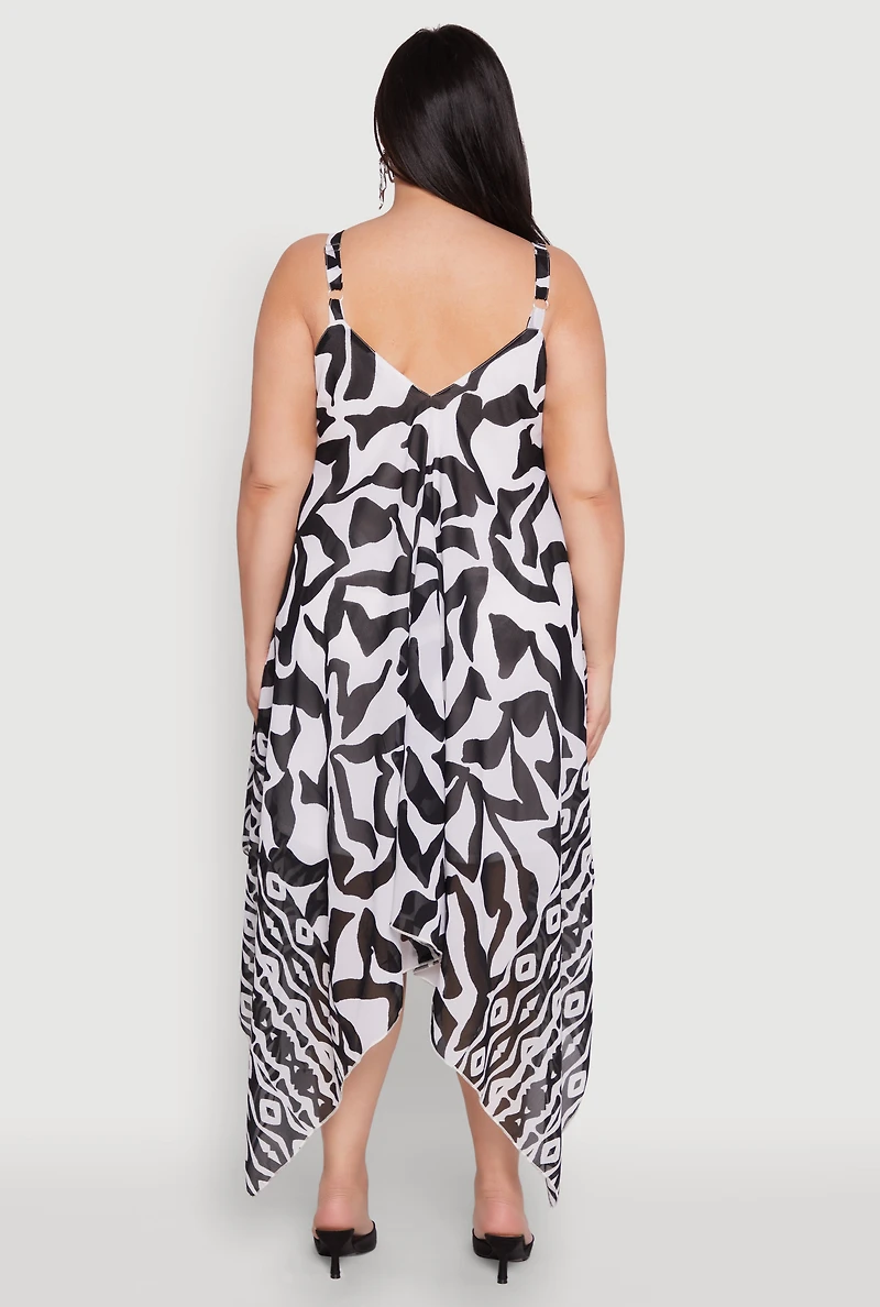 Womens Plus Border Print Sharkbite Hem Maxi Dress, Multi,